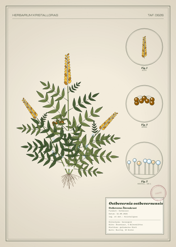 Botanische Tafel: Ostbevernia ostbevernensis, eine erfundene Pflanze aus Ostbevern, gezeichnet wie in einem alten Pflanzenatlas