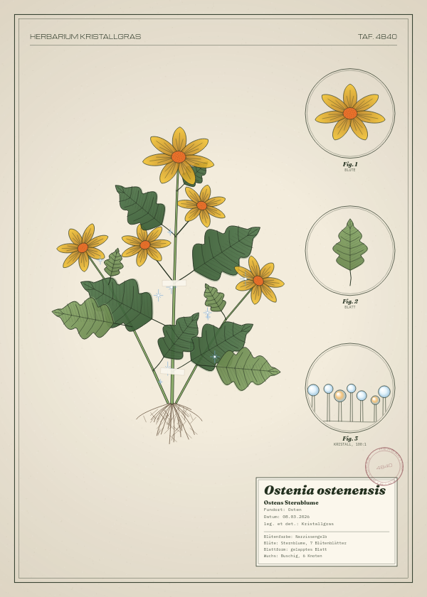 Botanische Tafel: Ostenia ostenensis, eine erfundene Pflanze aus Osten, gezeichnet wie in einem alten Pflanzenatlas