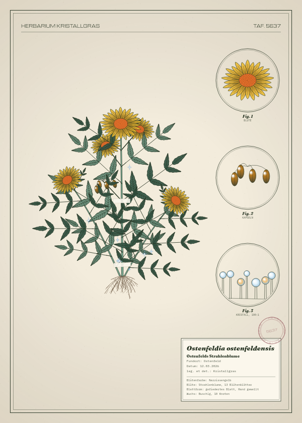 Botanische Tafel: Ostenfeldia ostenfeldensis, eine erfundene Pflanze aus Ostenfeld, gezeichnet wie in einem alten Pflanzenatlas