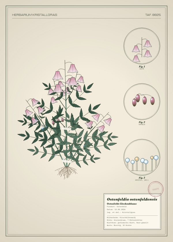 Botanische Tafel: Ostenfeldia ostenfeldensis, eine erfundene Pflanze aus Ostenfeld, gezeichnet wie in einem alten Pflanzenatlas