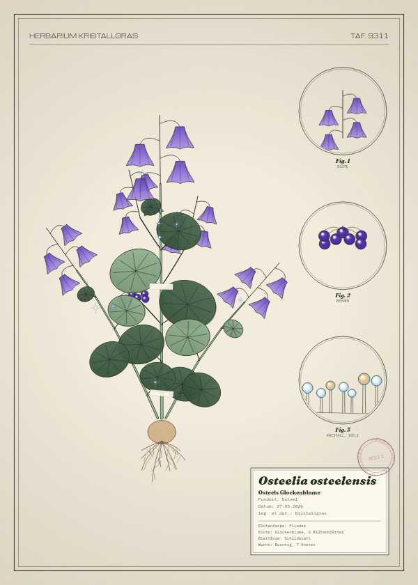 Botanische Tafel: Osteelia osteelensis, eine erfundene Pflanze aus Osteel, gezeichnet wie in einem alten Pflanzenatlas
