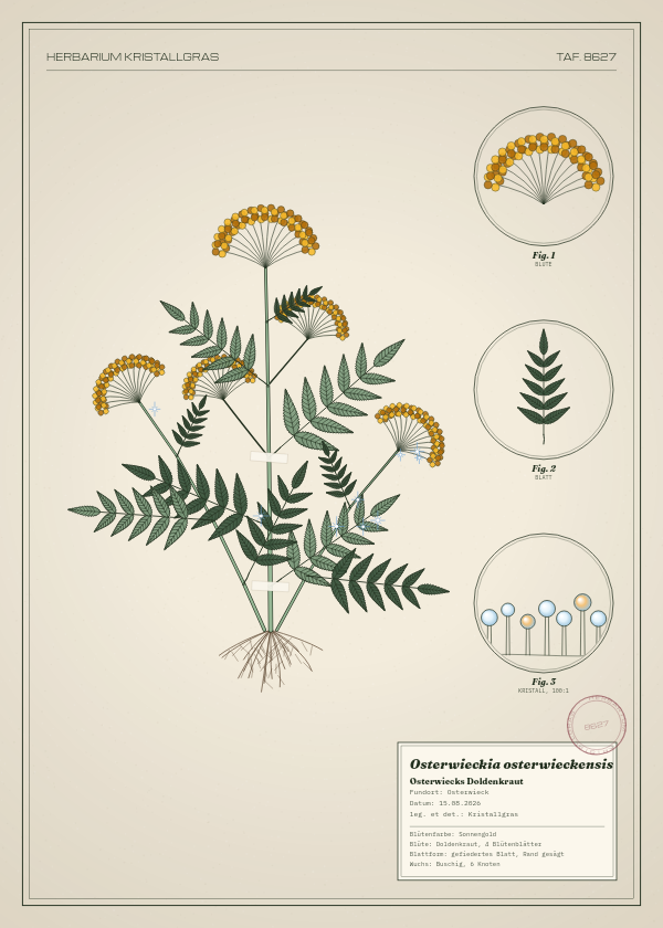 Botanische Tafel: Osterwieckia osterwieckensis, eine erfundene Pflanze aus Osterwieck, gezeichnet wie in einem alten Pflanzenatlas