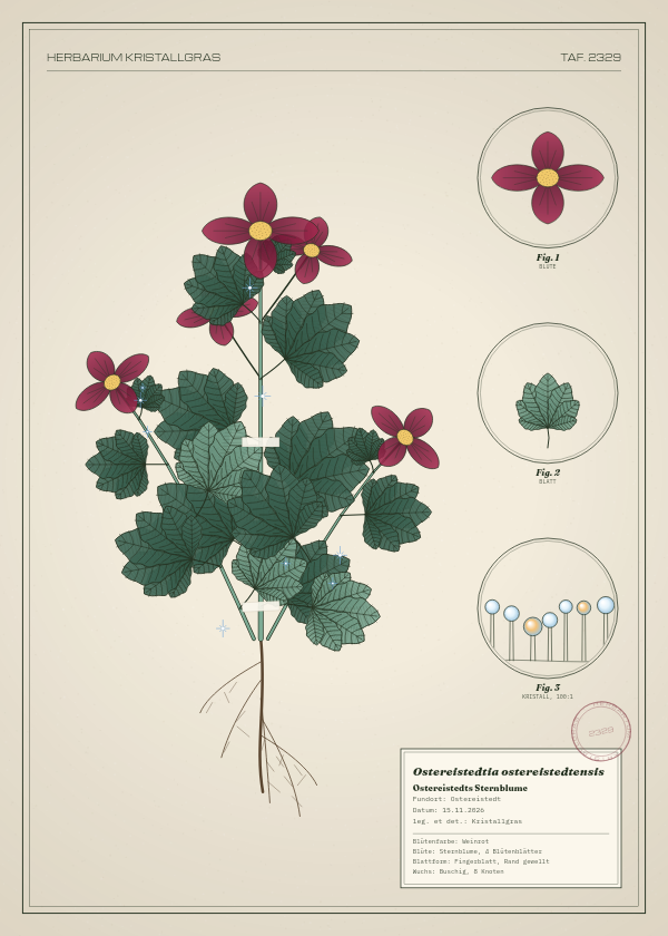 Botanische Tafel: Ostereistedtia ostereistedtensis, eine erfundene Pflanze aus Ostereistedt, gezeichnet wie in einem alten Pflanzenatlas