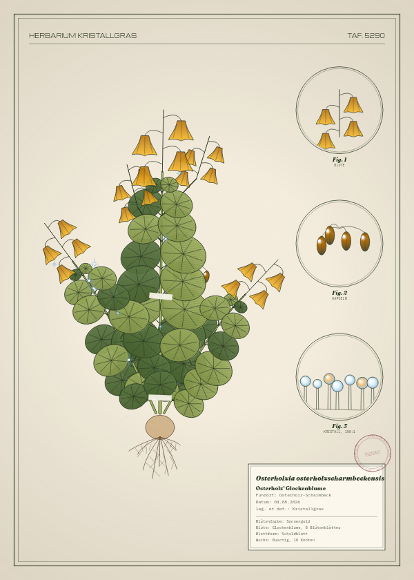 Botanische Tafel: Osterholzia osterholzscharmbeckensis, eine erfundene Pflanze aus Osterholz-Scharmbeck, gezeichnet wie in einem alten Pflanzenatlas