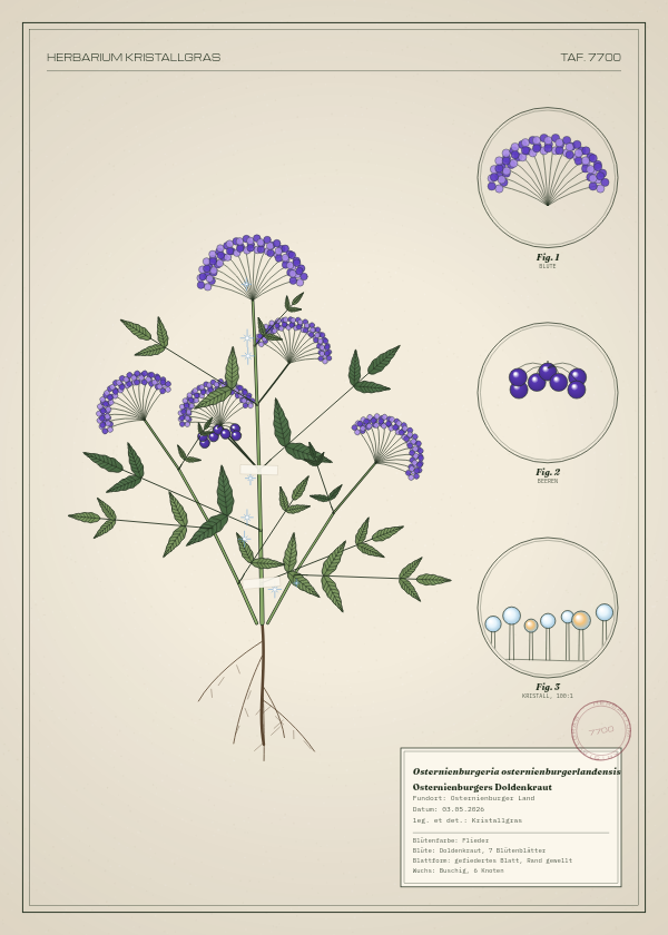 Botanische Tafel: Osternienburgeria osternienburgerlandensis, eine erfundene Pflanze aus Osternienburger Land, gezeichnet wie in einem alten Pflanzenatlas