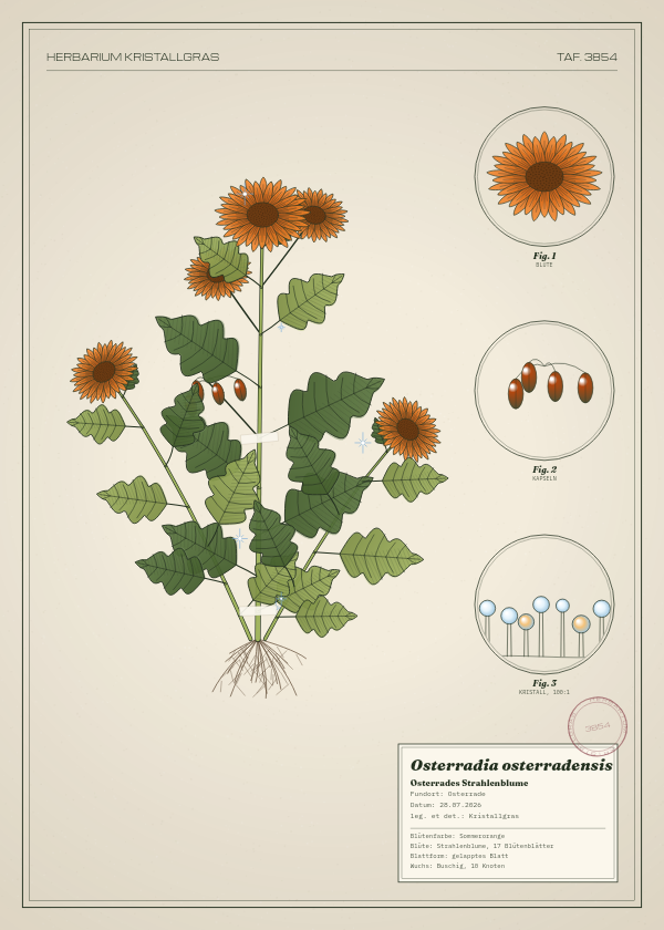 Botanische Tafel: Osterradia osterradensis, eine erfundene Pflanze aus Osterrade, gezeichnet wie in einem alten Pflanzenatlas