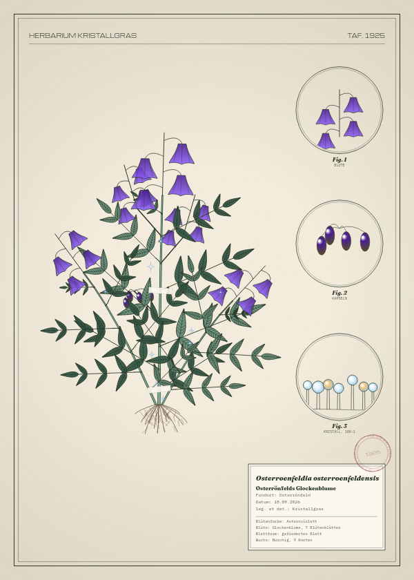 Botanische Tafel: Osterroenfeldia osterroenfeldensis, eine erfundene Pflanze aus Osterrönfeld, gezeichnet wie in einem alten Pflanzenatlas