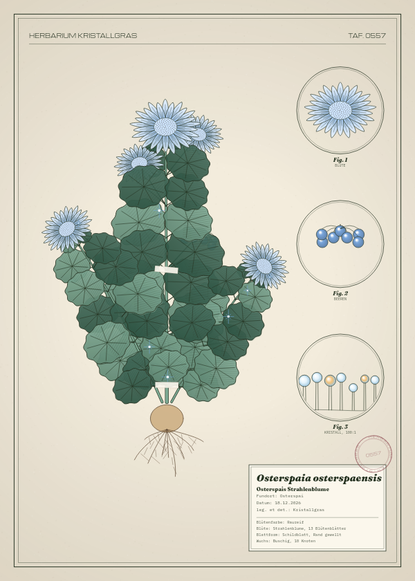 Botanische Tafel: Osterspaia osterspaensis, eine erfundene Pflanze aus Osterspai, gezeichnet wie in einem alten Pflanzenatlas