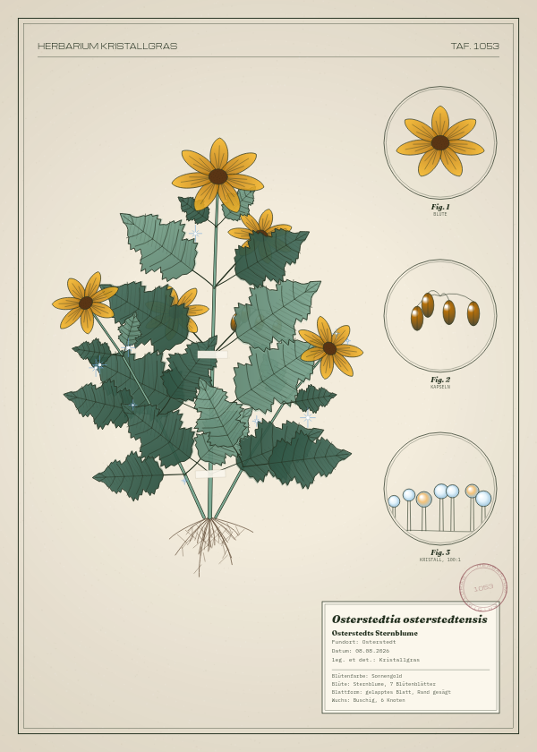 Botanische Tafel: Osterstedtia osterstedtensis, eine erfundene Pflanze aus Osterstedt, gezeichnet wie in einem alten Pflanzenatlas