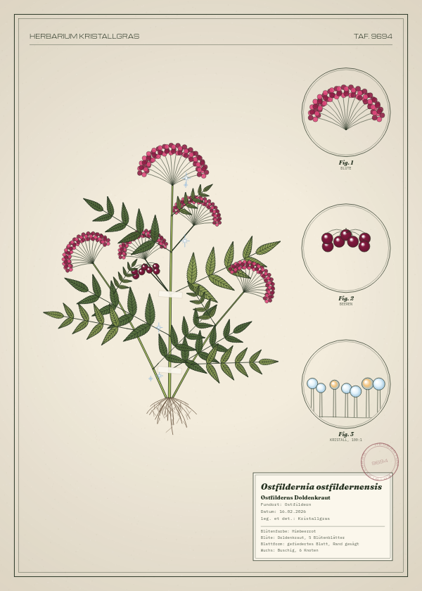 Botanische Tafel: Ostfildernia ostfildernensis, eine erfundene Pflanze aus Ostfildern, gezeichnet wie in einem alten Pflanzenatlas