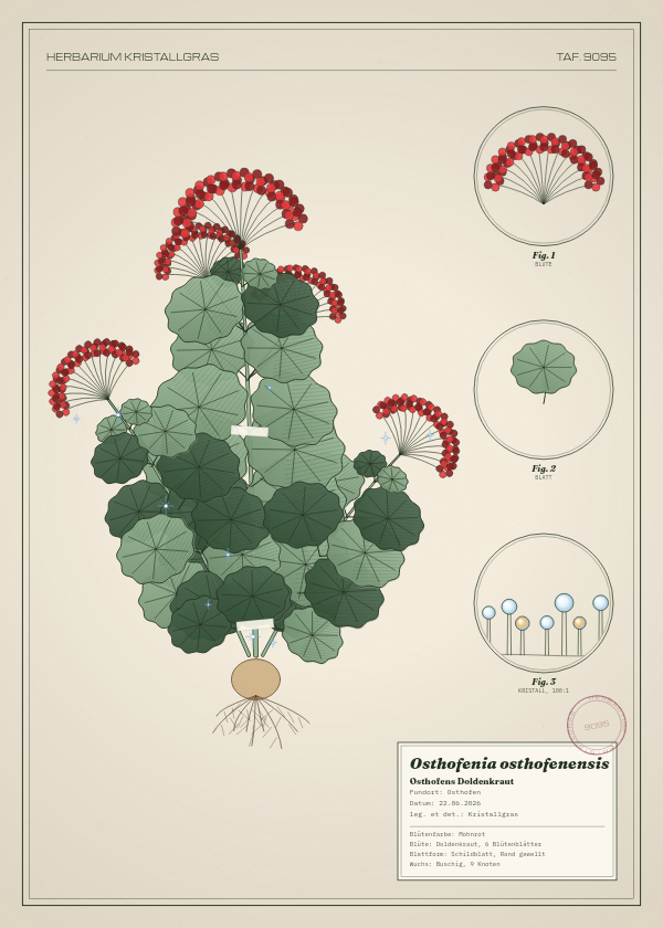 Botanische Tafel: Osthofenia osthofenensis, eine erfundene Pflanze aus Osthofen, gezeichnet wie in einem alten Pflanzenatlas