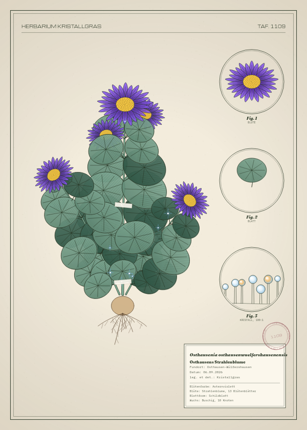 Botanische Tafel: Osthausenia osthausenwuelfershausenensis, eine erfundene Pflanze aus Osthausen-Wülfershausen, gezeichnet wie in einem alten Pflanzenatlas