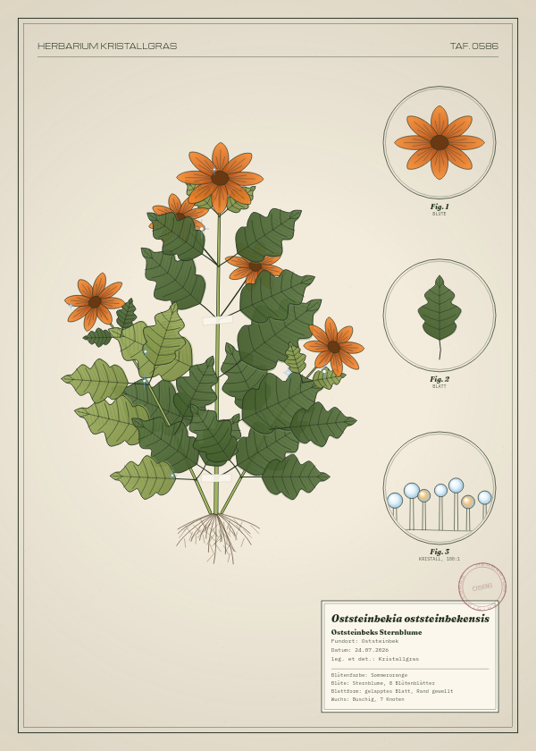 Botanische Tafel: Oststeinbekia oststeinbekensis, eine erfundene Pflanze aus Oststeinbek, gezeichnet wie in einem alten Pflanzenatlas