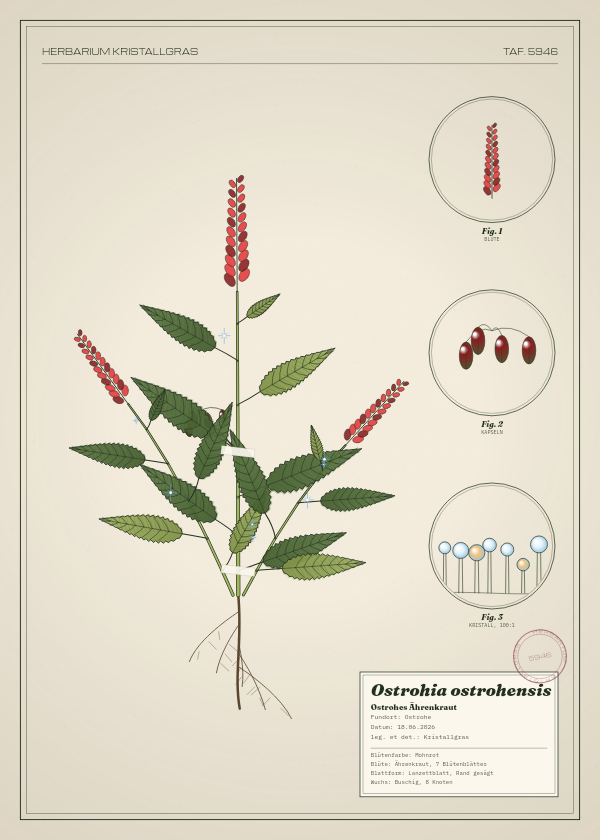 Botanische Tafel: Ostrohia ostrohensis, eine erfundene Pflanze aus Ostrohe, gezeichnet wie in einem alten Pflanzenatlas