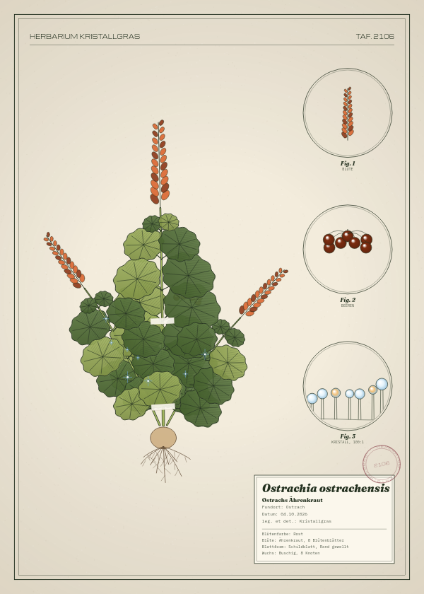 Botanische Tafel: Ostrachia ostrachensis, eine erfundene Pflanze aus Ostrach, gezeichnet wie in einem alten Pflanzenatlas