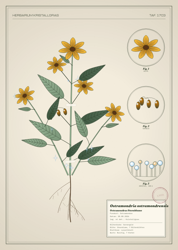 Botanische Tafel: Ostramondria ostramondrensis, eine erfundene Pflanze aus Ostramondra, gezeichnet wie in einem alten Pflanzenatlas