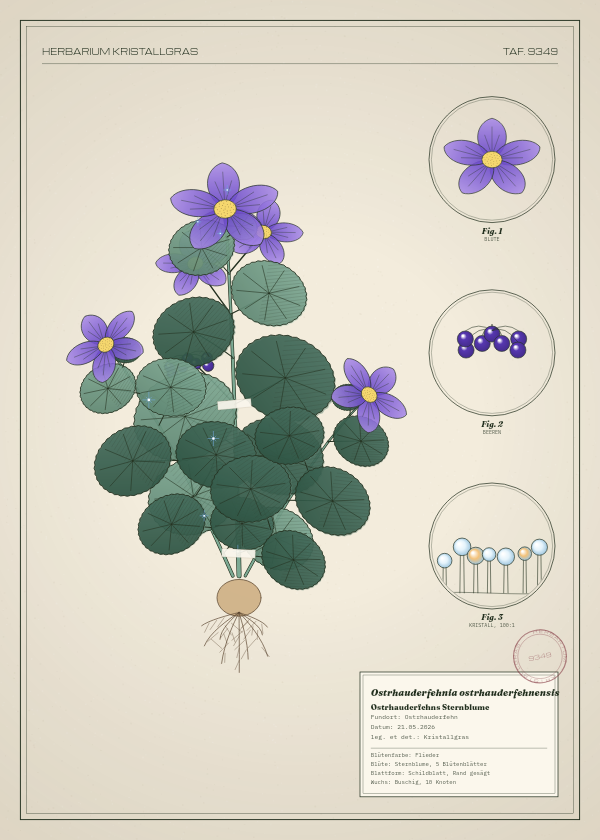 Botanische Tafel: Ostrhauderfehnia ostrhauderfehnensis, eine erfundene Pflanze aus Ostrhauderfehn, gezeichnet wie in einem alten Pflanzenatlas