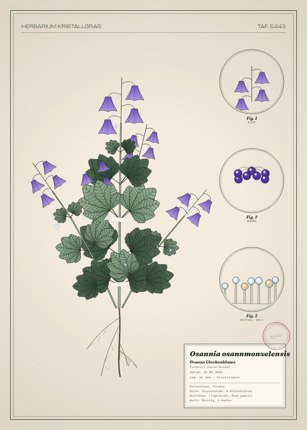 Botanische Tafel: Osannia osannmonzelensis, eine erfundene Pflanze aus Osann-Monzel, gezeichnet wie in einem alten Pflanzenatlas