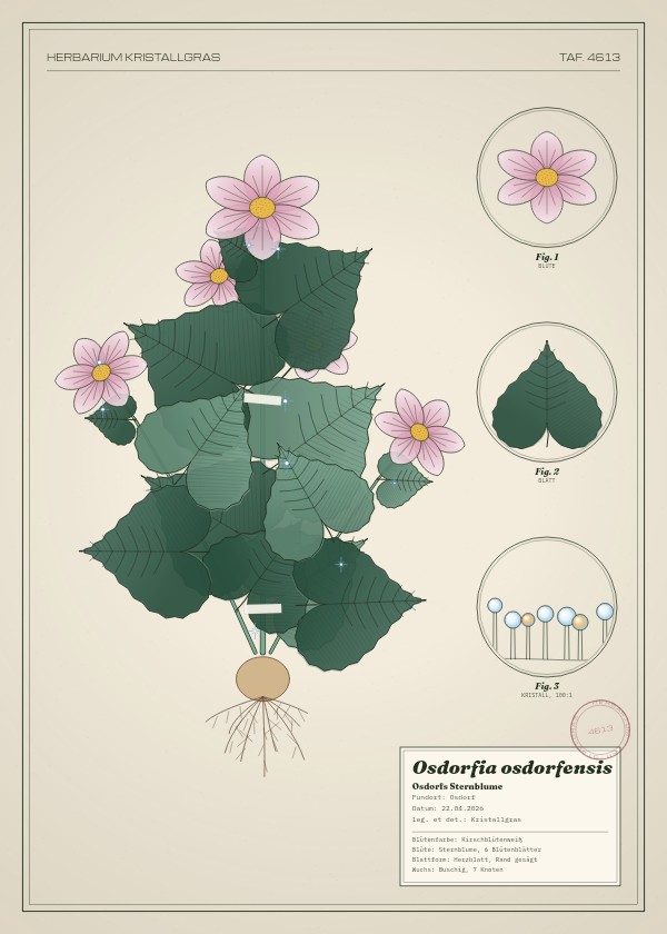Botanische Tafel: Osdorfia osdorfensis, eine erfundene Pflanze aus Osdorf, gezeichnet wie in einem alten Pflanzenatlas