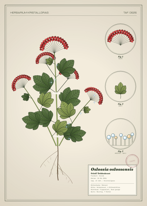 Botanische Tafel: Oslossia oslossensis, eine erfundene Pflanze aus Osloß, gezeichnet wie in einem alten Pflanzenatlas