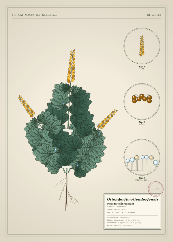 Botanische Tafel: Ottendorfia ottendorfensis, eine erfundene Pflanze aus Ottendorf, gezeichnet wie in einem alten Pflanzenatlas