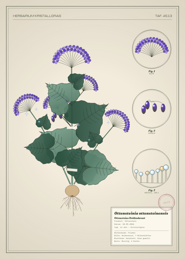 Botanische Tafel: Ottensteinia ottensteinensis, eine erfundene Pflanze aus Ottenstein, gezeichnet wie in einem alten Pflanzenatlas