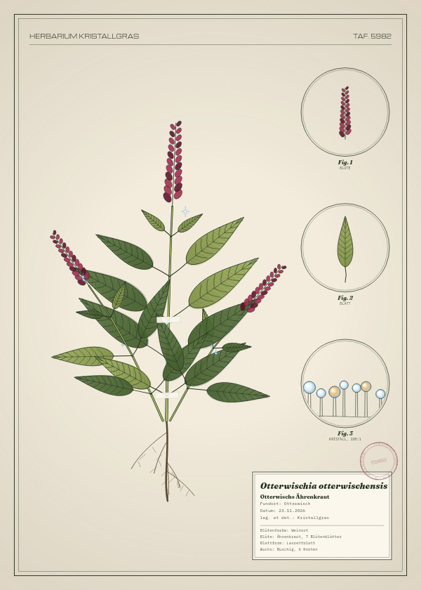Botanische Tafel: Otterwischia otterwischensis, eine erfundene Pflanze aus Otterwisch, gezeichnet wie in einem alten Pflanzenatlas
