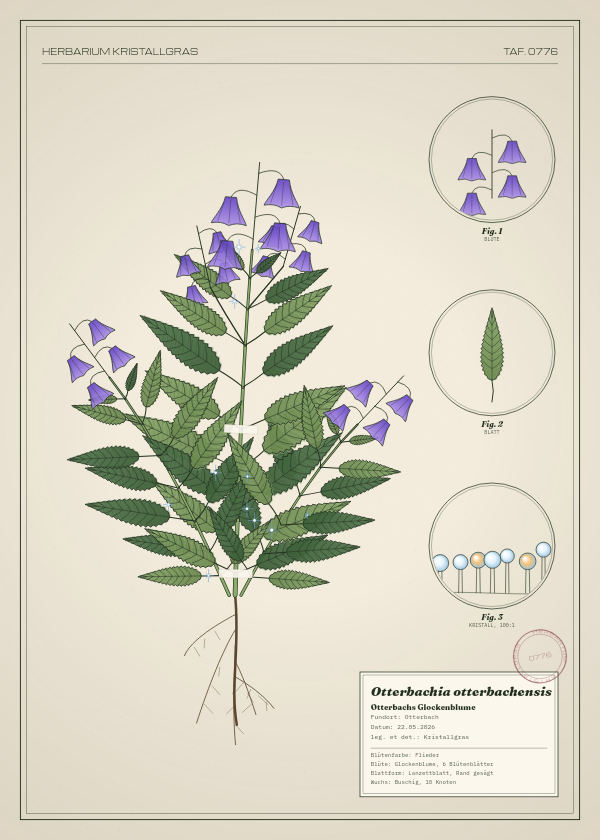 Botanische Tafel: Otterbachia otterbachensis, eine erfundene Pflanze aus Otterbach, gezeichnet wie in einem alten Pflanzenatlas