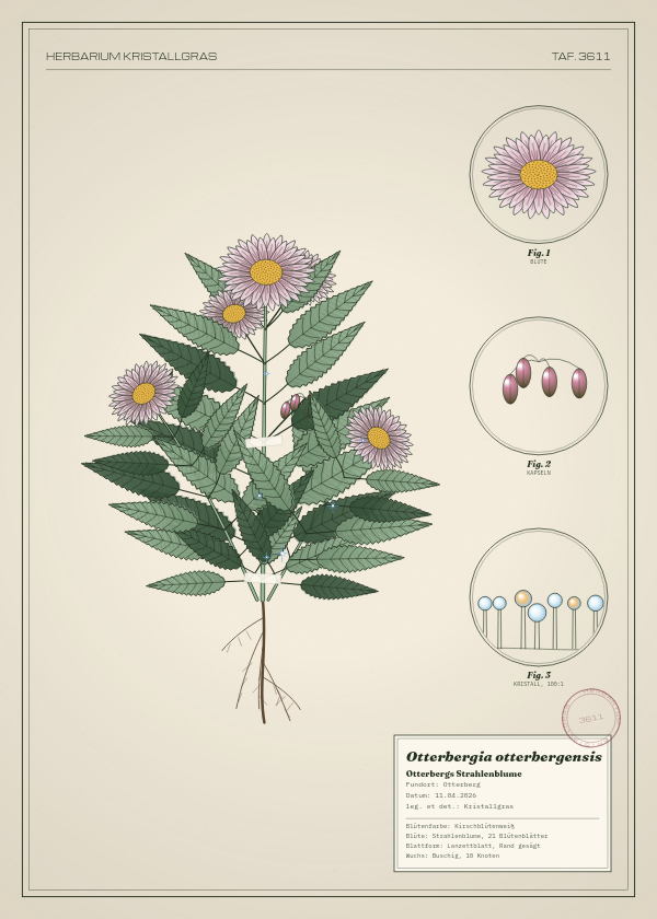 Botanische Tafel: Otterbergia otterbergensis, eine erfundene Pflanze aus Otterberg, gezeichnet wie in einem alten Pflanzenatlas