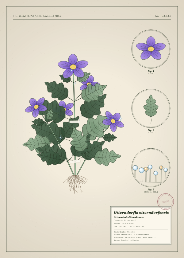Botanische Tafel: Otterndorfia otterndorfensis, eine erfundene Pflanze aus Otterndorf, gezeichnet wie in einem alten Pflanzenatlas