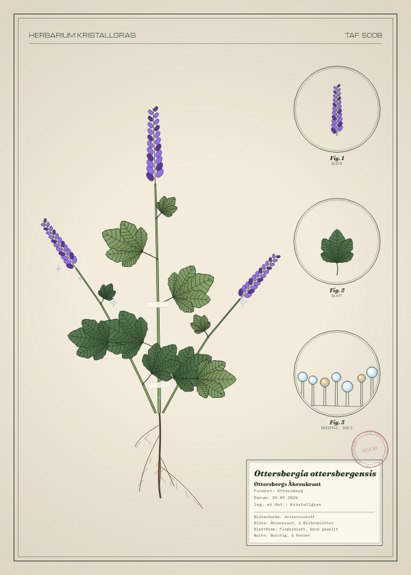 Botanische Tafel: Ottersbergia ottersbergensis, eine erfundene Pflanze aus Ottersberg, gezeichnet wie in einem alten Pflanzenatlas