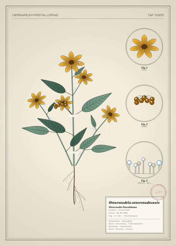 Botanische Tafel: Otterstadtia otterstadtensis, eine erfundene Pflanze aus Otterstadt, gezeichnet wie in einem alten Pflanzenatlas