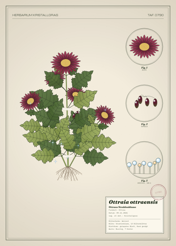Botanische Tafel: Ottraia ottraensis, eine erfundene Pflanze aus Ottrau, gezeichnet wie in einem alten Pflanzenatlas