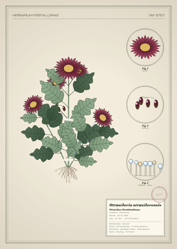 Botanische Tafel: Ottweileria ottweilerensis, eine erfundene Pflanze aus Ottweiler, gezeichnet wie in einem alten Pflanzenatlas