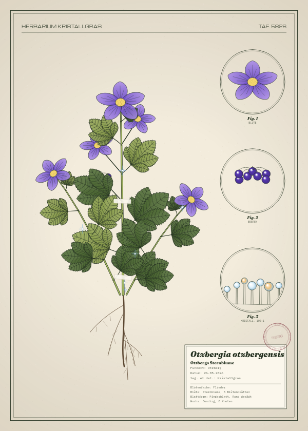 Botanische Tafel: Otzbergia otzbergensis, eine erfundene Pflanze aus Otzberg, gezeichnet wie in einem alten Pflanzenatlas