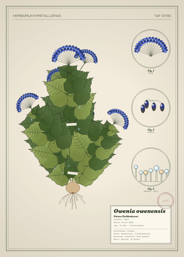 Botanische Tafel: Owenia owenensis, eine erfundene Pflanze aus Owen, gezeichnet wie in einem alten Pflanzenatlas