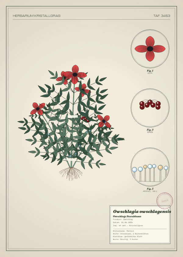 Botanische Tafel: Owschlagia owschlagensis, eine erfundene Pflanze aus Owschlag, gezeichnet wie in einem alten Pflanzenatlas