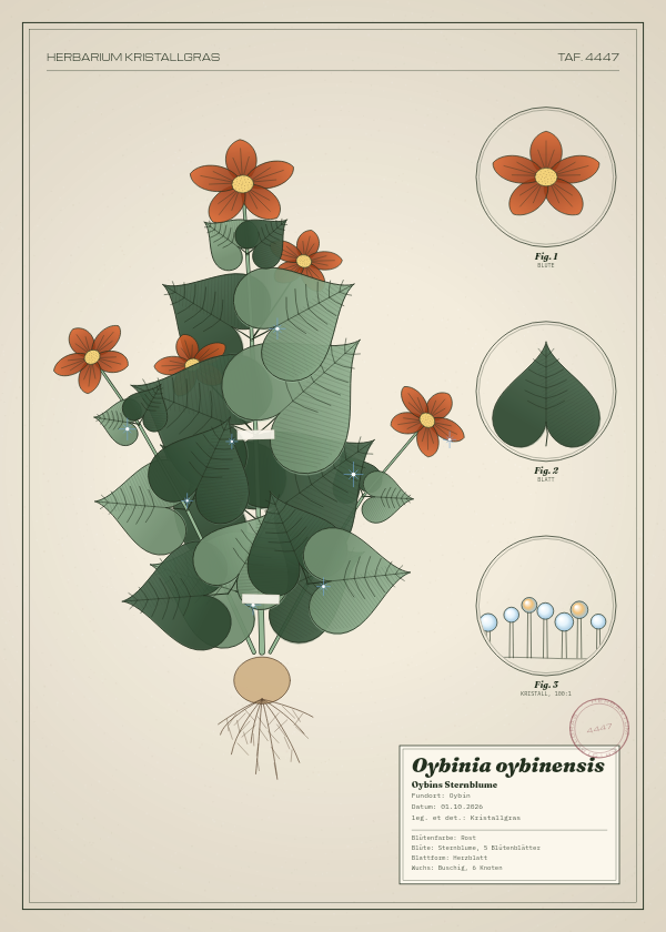 Botanische Tafel: Oybinia oybinensis, eine erfundene Pflanze aus Oybin, gezeichnet wie in einem alten Pflanzenatlas