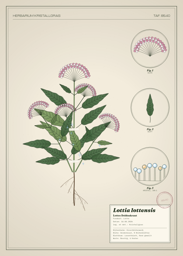 Botanische Tafel: Lottia lottensis, eine erfundene Pflanze aus Lotte, gezeichnet wie in einem alten Pflanzenatlas