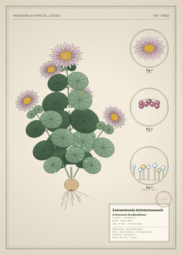 Botanische Tafel: Lottstettenia lottstettenensis, eine erfundene Pflanze aus Lottstetten, gezeichnet wie in einem alten Pflanzenatlas