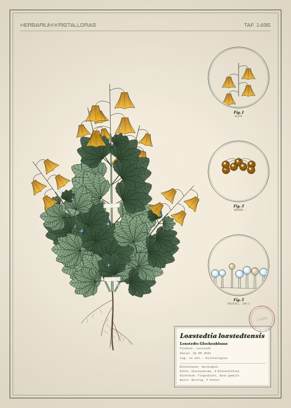 Botanische Tafel: Loxstedtia loxstedtensis, eine erfundene Pflanze aus Loxstedt, gezeichnet wie in einem alten Pflanzenatlas