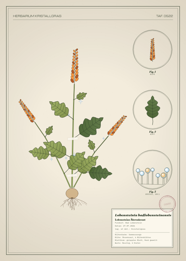 Botanische Tafel: Lobensteinia badlobensteinensis, eine erfundene Pflanze aus Bad Lobenstein, gezeichnet wie in einem alten Pflanzenatlas