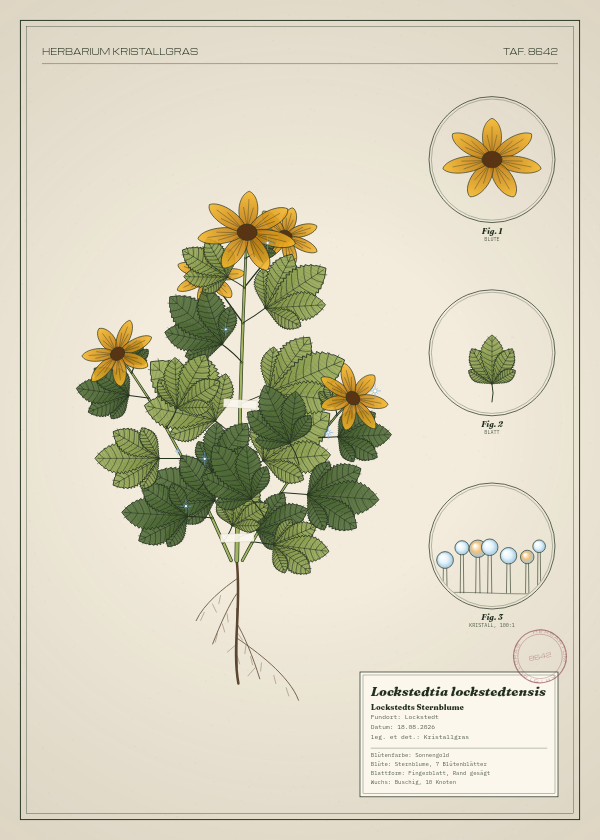 Botanische Tafel: Lockstedtia lockstedtensis, eine erfundene Pflanze aus Lockstedt, gezeichnet wie in einem alten Pflanzenatlas