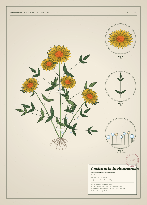 Botanische Tafel: Lochumia lochumensis, eine erfundene Pflanze aus Lochum, gezeichnet wie in einem alten Pflanzenatlas