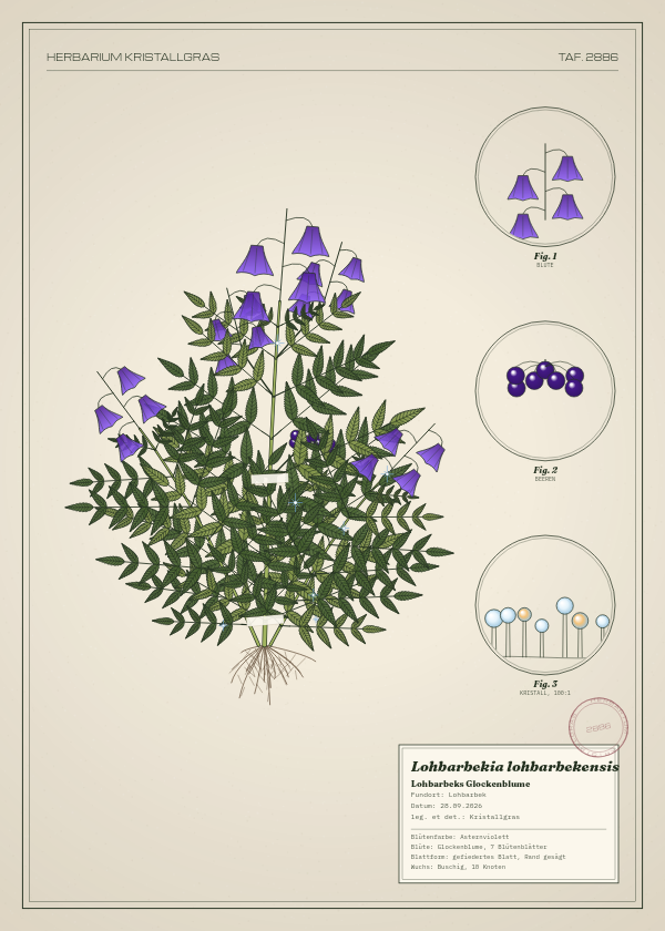 Botanische Tafel: Lohbarbekia lohbarbekensis, eine erfundene Pflanze aus Lohbarbek, gezeichnet wie in einem alten Pflanzenatlas