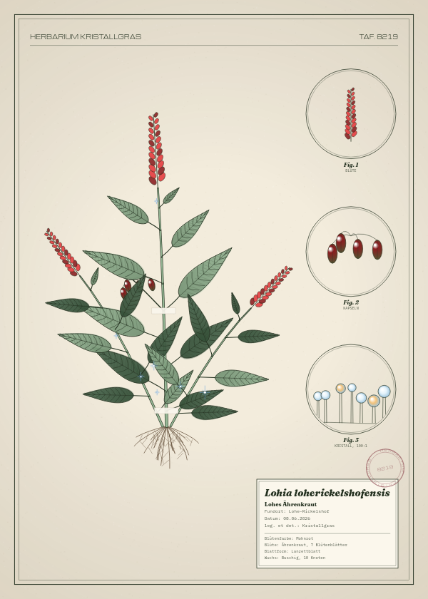Botanische Tafel: Lohia loherickelshofensis, eine erfundene Pflanze aus Lohe-Rickelshof, gezeichnet wie in einem alten Pflanzenatlas