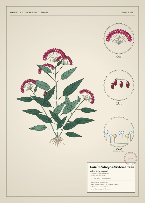 Botanische Tafel: Lohia lohefoehrdenensis, eine erfundene Pflanze aus Lohe-Föhrden, gezeichnet wie in einem alten Pflanzenatlas