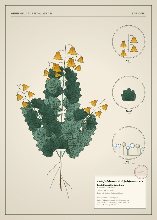 Botanische Tafel: Lohfeldenia lohfeldenensis, eine erfundene Pflanze aus Lohfelden, gezeichnet wie in einem alten Pflanzenatlas