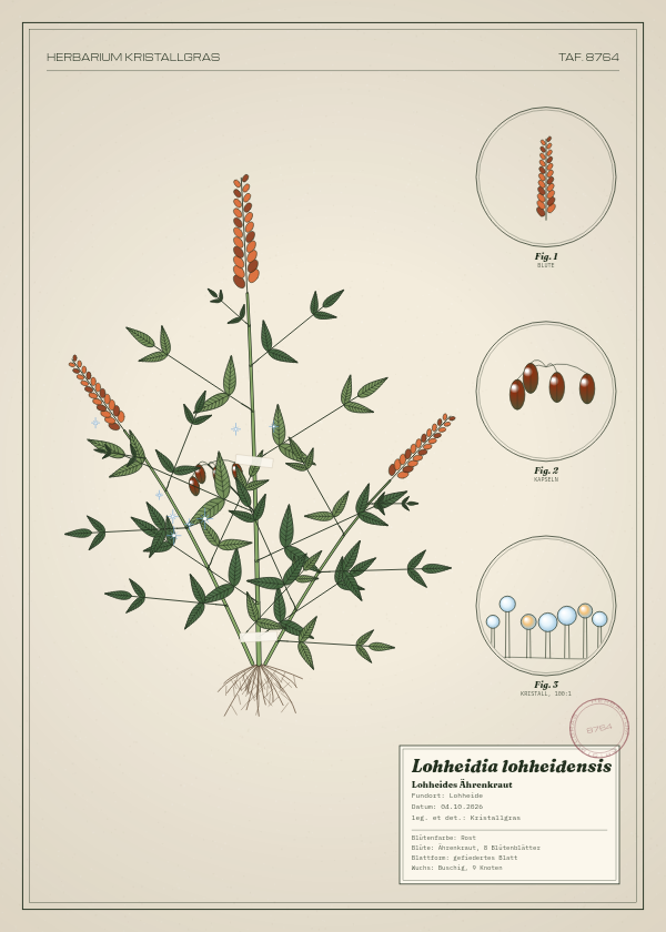 Botanische Tafel: Lohheidia lohheidensis, eine erfundene Pflanze aus Lohheide, gezeichnet wie in einem alten Pflanzenatlas