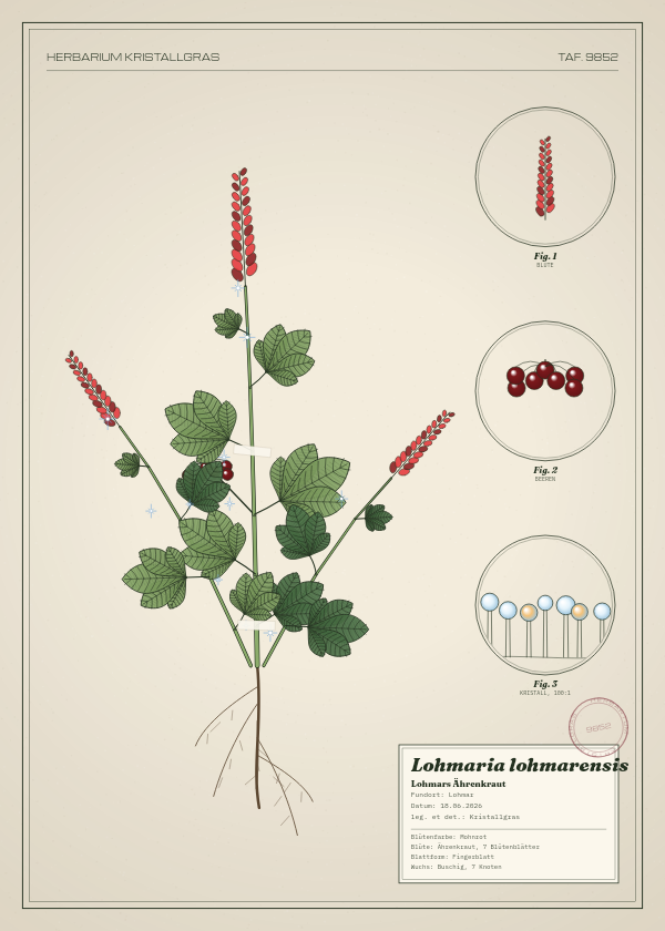 Botanische Tafel: Lohmaria lohmarensis, eine erfundene Pflanze aus Lohmar, gezeichnet wie in einem alten Pflanzenatlas